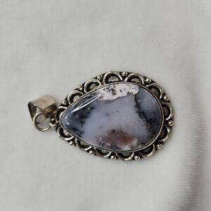 Dendrite Opal Natural Gemstone Necklace Pendant Teardrop Shape Silver Plated